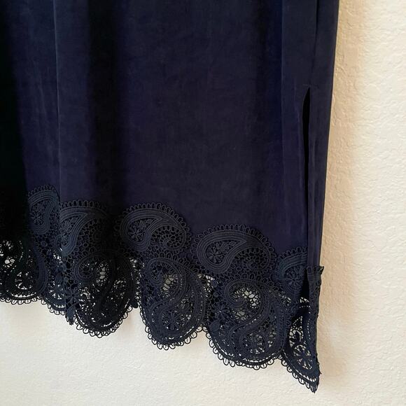 Chicos Travelers Midi Dress 2 Large Slinky Stretch Knit Lace Trim Navy Cruise - Picture 3 of 12